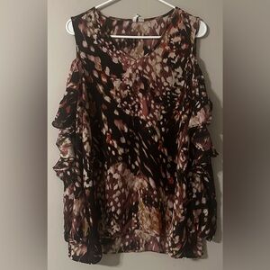 CATO size LARGE Multicolor, cold shouldered long sleeves with ruffle top.